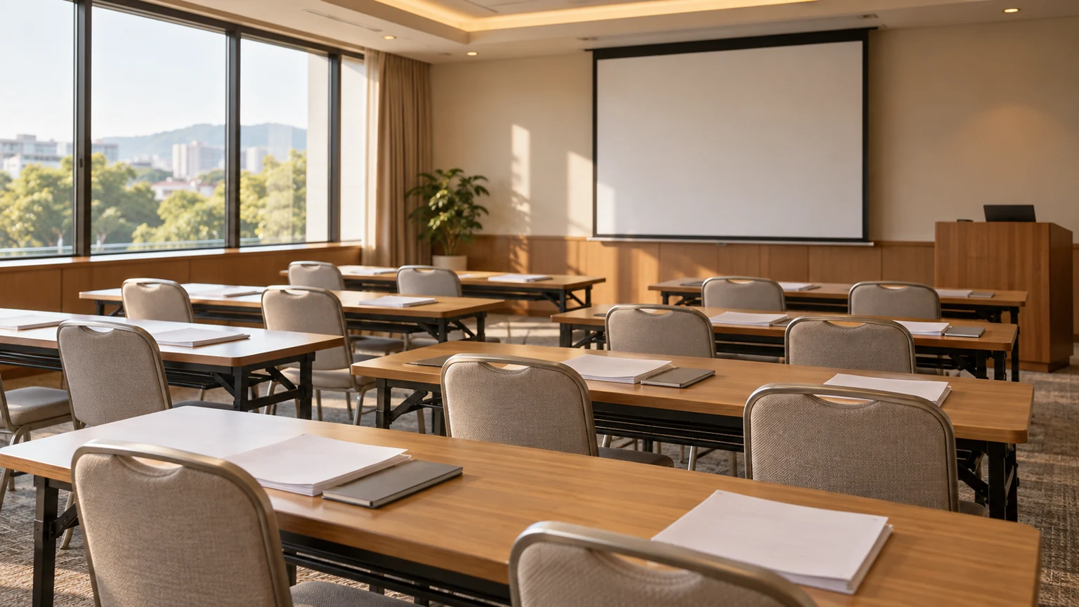 机に広げた記録用紙と筆記具、配布資料を読み合わせる研修の準備風景